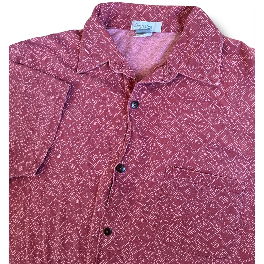 Zegna Sport Mens Medium Red Geometric Dot Print Cotton Short Sleeve Button Shirt